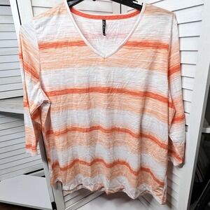North River Orange White Striped‎ V-Neck Top XL 3/4 Sleeve Soft Lightweight NWOT
